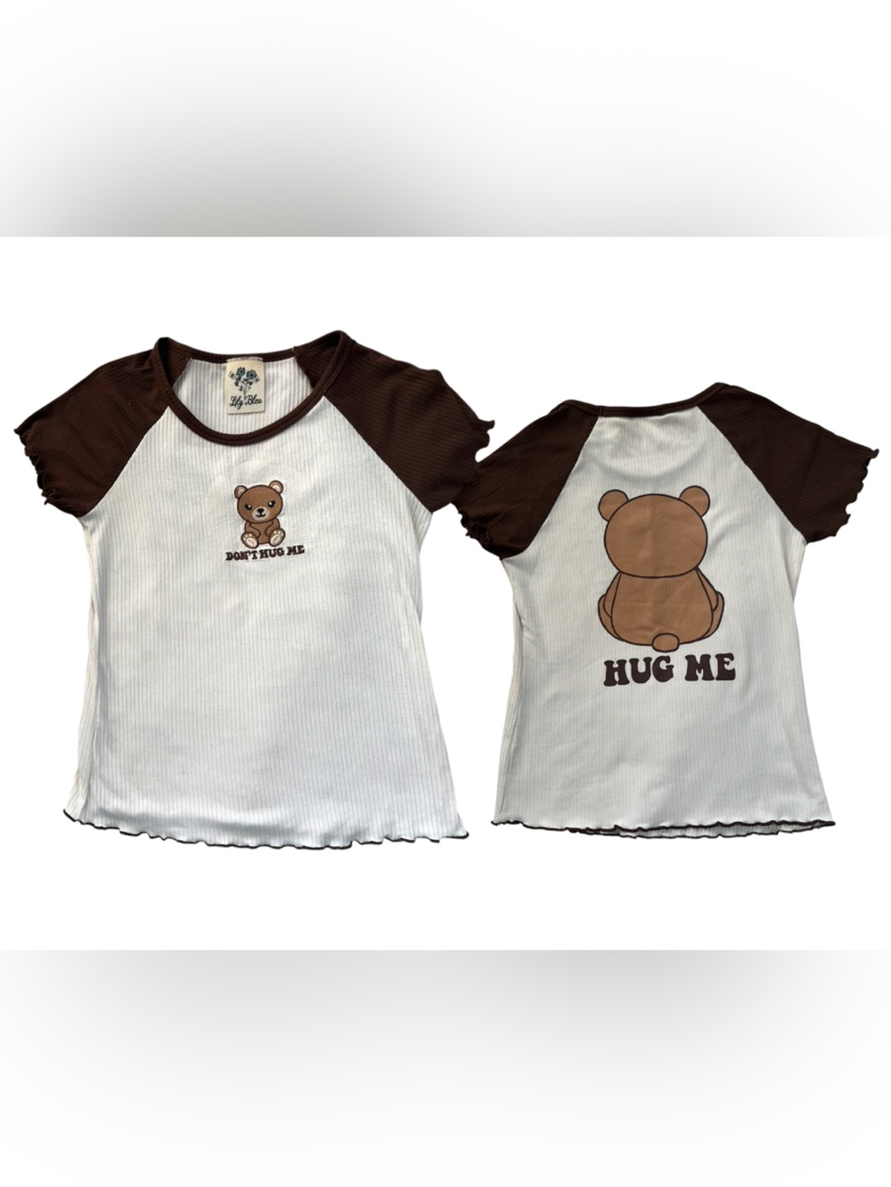 Lily Bleu White & Brown Teddy Bear “Hug/Dont Hug Me” Graphic Tee Scalloped Trim